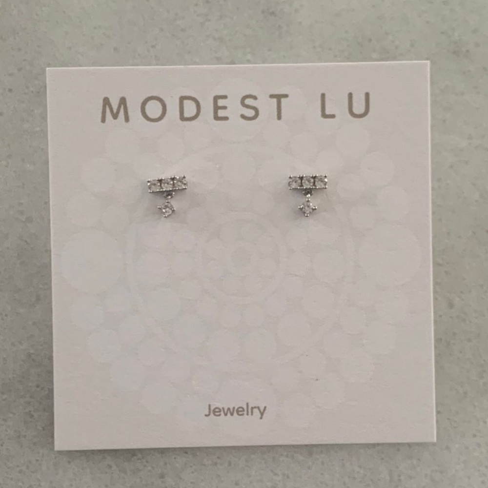 Sterling Silver Crystal Bar Dangle Huggie Stud Earrings - Picture 2 of 3